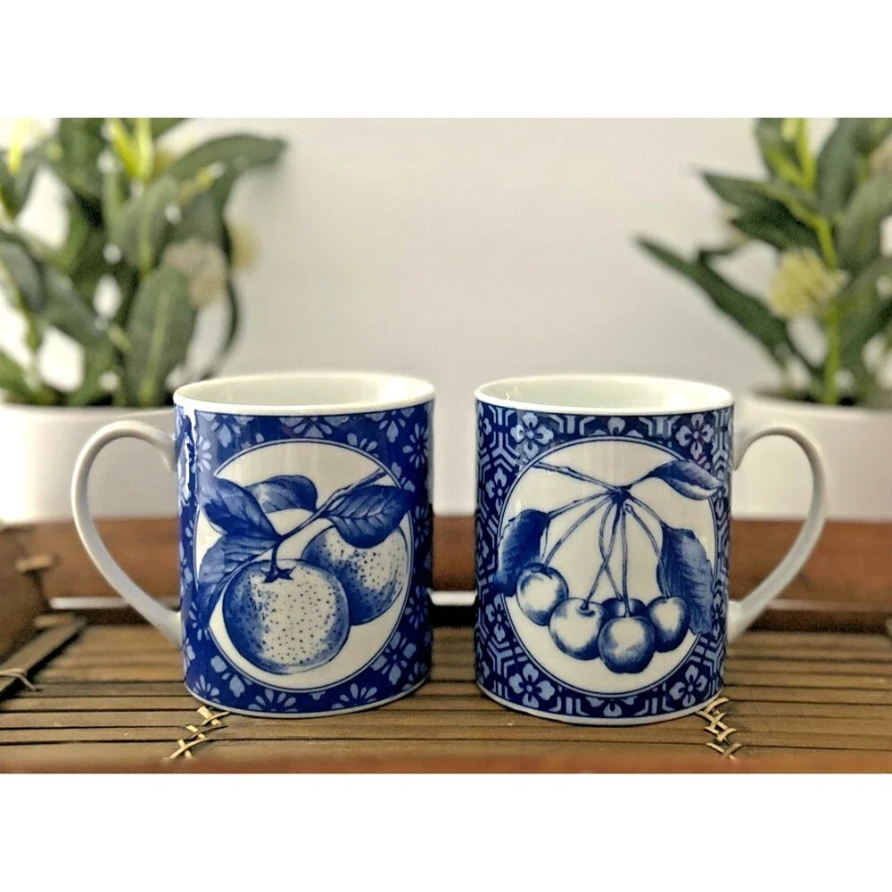 Pier 1 Cobalt Blue and White Fruit Design Cherries & Oranges Coffee Mugs EC